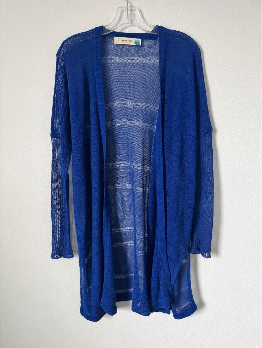 Sparrow Long Sleeve Linen Blend Blue Sheer Open Front Cardigan Sweater Size S